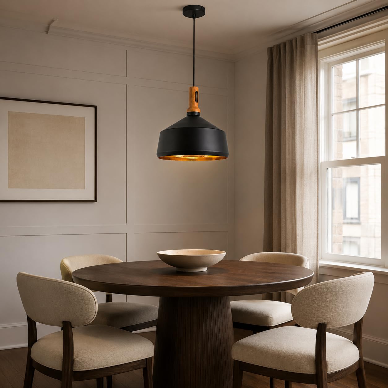 Nowoczesna czarna lampa wisząca przemysłowa z drewnianymi akcentami, metalowa lampa wisząca z regulowanym przewodem i gniazdem E27 na wyspę kuchenną, jadalnię, sypialnię, salon, korytarz i