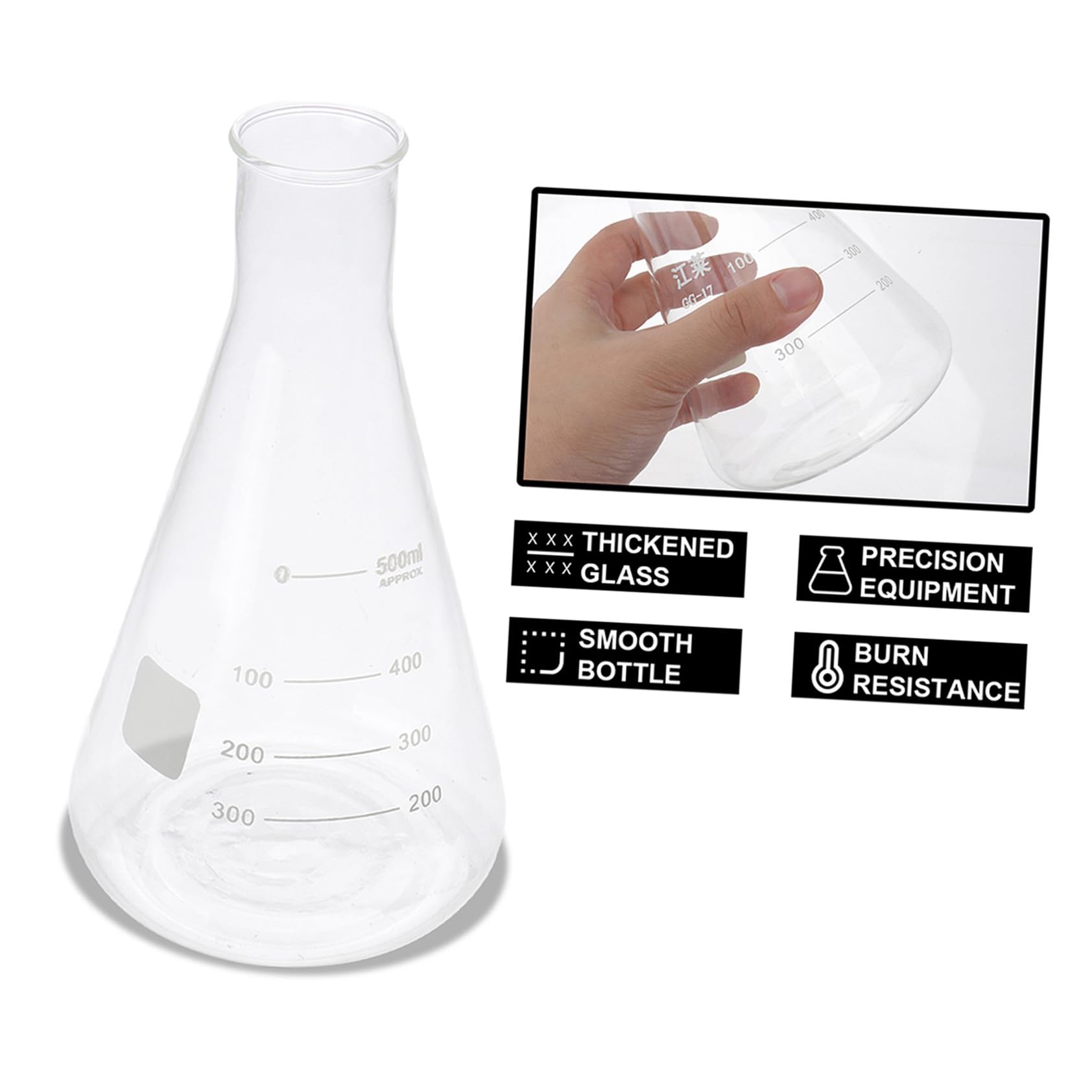 NOLITOY Matraces Erlenmeyer Forma Cónica de Vidrio Borosilicato Conjunto de 4 Prácticos Rebabas Fondo Plano y Capacidad Estándar para Experimentos Escolares