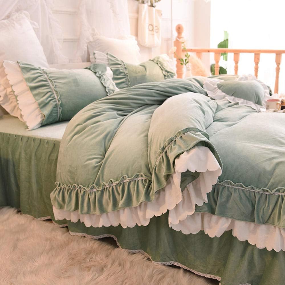 Geekcook Magic Velvet Fleece Bedding Set,Crystal Velvet Princess Style Bedspread Bed Skirt Coral Velvet Double-Sided Flannel Four-Piece Bedding-Dark Green_1.5 Bed