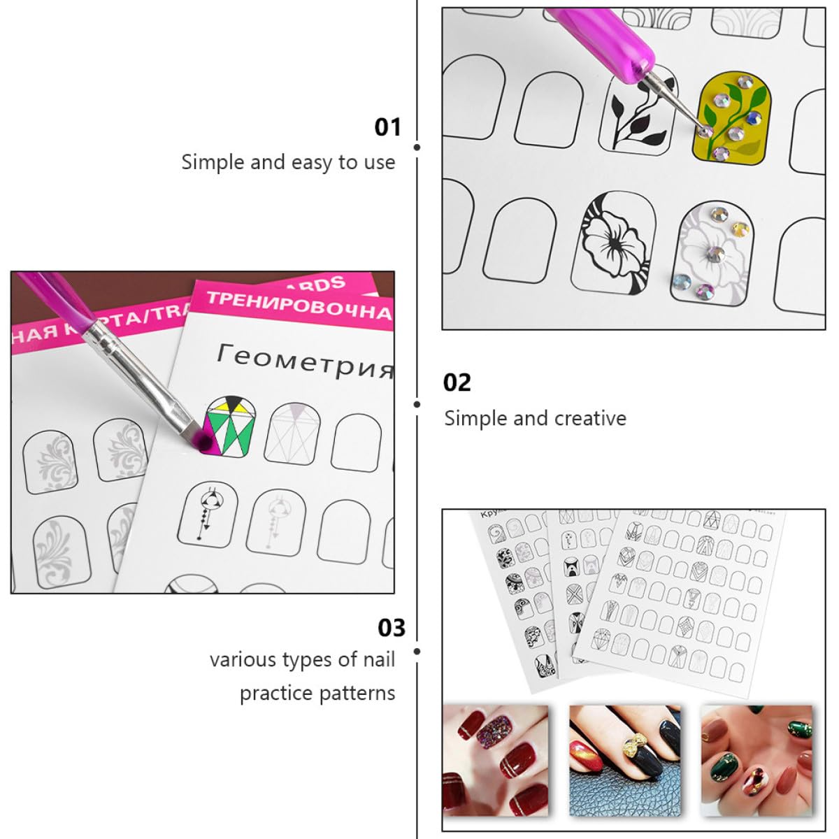 STOBAZA Cartes d'Entraînement Nail Art 24 Feuilles pour Manucure Professionnelle, Support d'Exercices pour Création et Formation, Adapté la Pratique en Salon