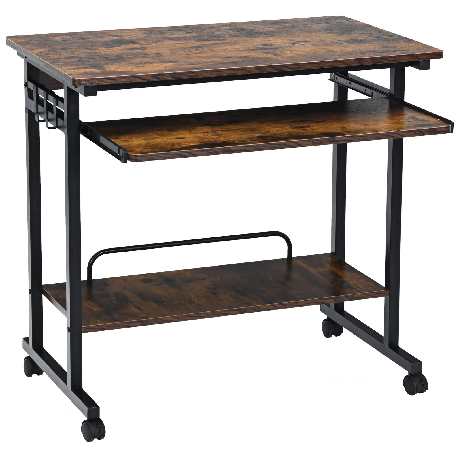 GIANTEX Mobiler Computertisch mit Rollen, Schreibtisch mit breiter Arbeitsfläche, Tastaturauszug, CPU-Ständer & Haken, industrieller PC-Tisch, für Zuhause & Arbeitszimmer, 80 x 50 x 75 cm (Braun)
