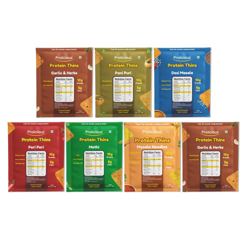 Image of Prolicious Assorted Protein Thins Pack of 7 | Multiflavour Healthy Snack Combo | High Protein & Fibre-Rich Khakhra Thins | No Maida, Anytime Crunchy Snack (50g Each)