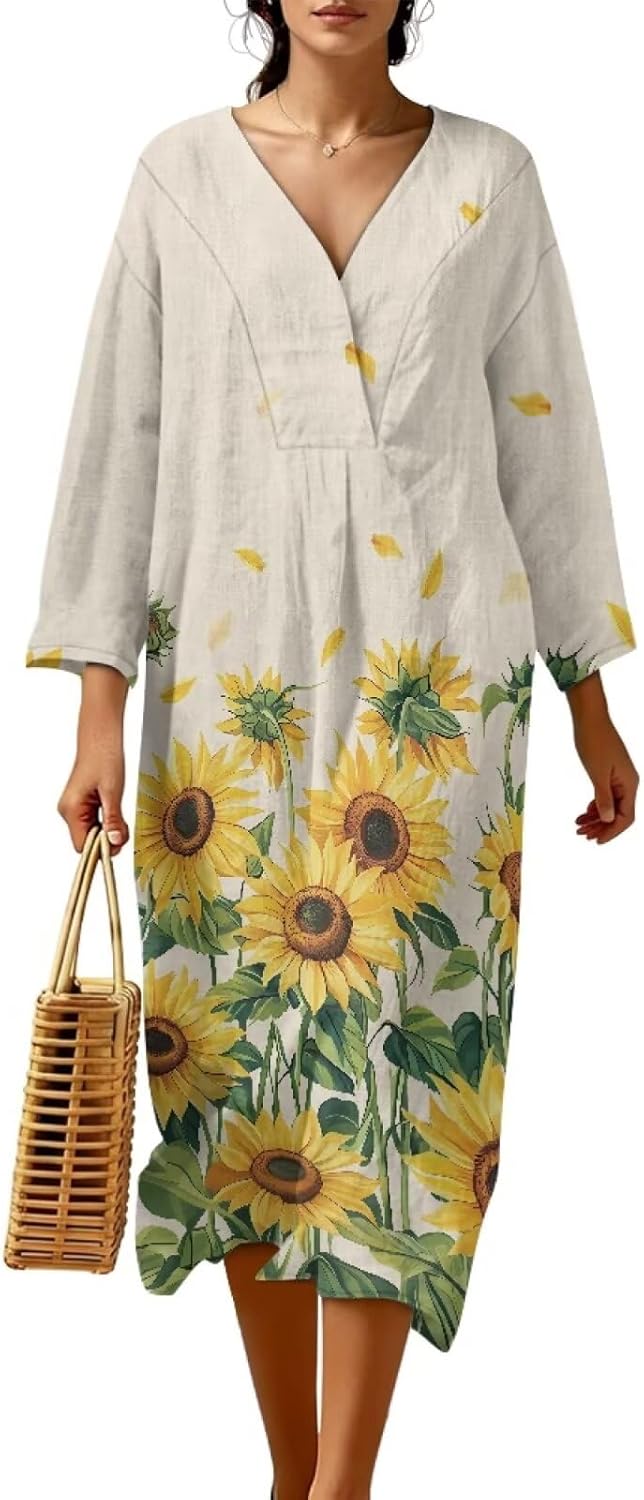Women's Casual Dresses Long Sleeve V Neck Dress Airy Maxi Dress Easy to Wear Loungewear Dress