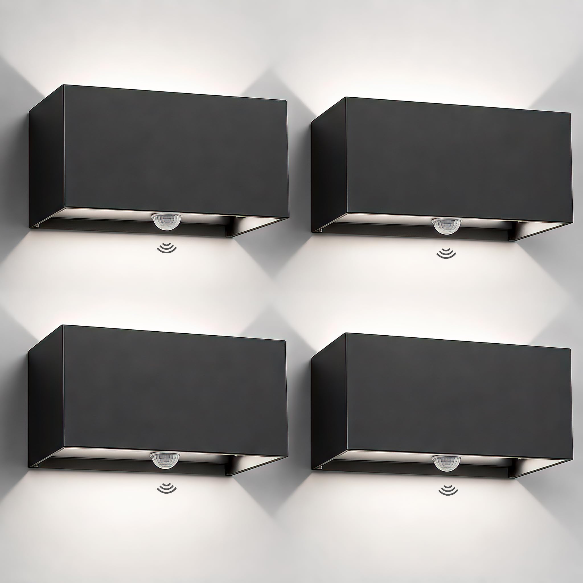 Kingwen Apliques Pared Exterior con Sensor,4 Piezas,20W,6000K,Negro