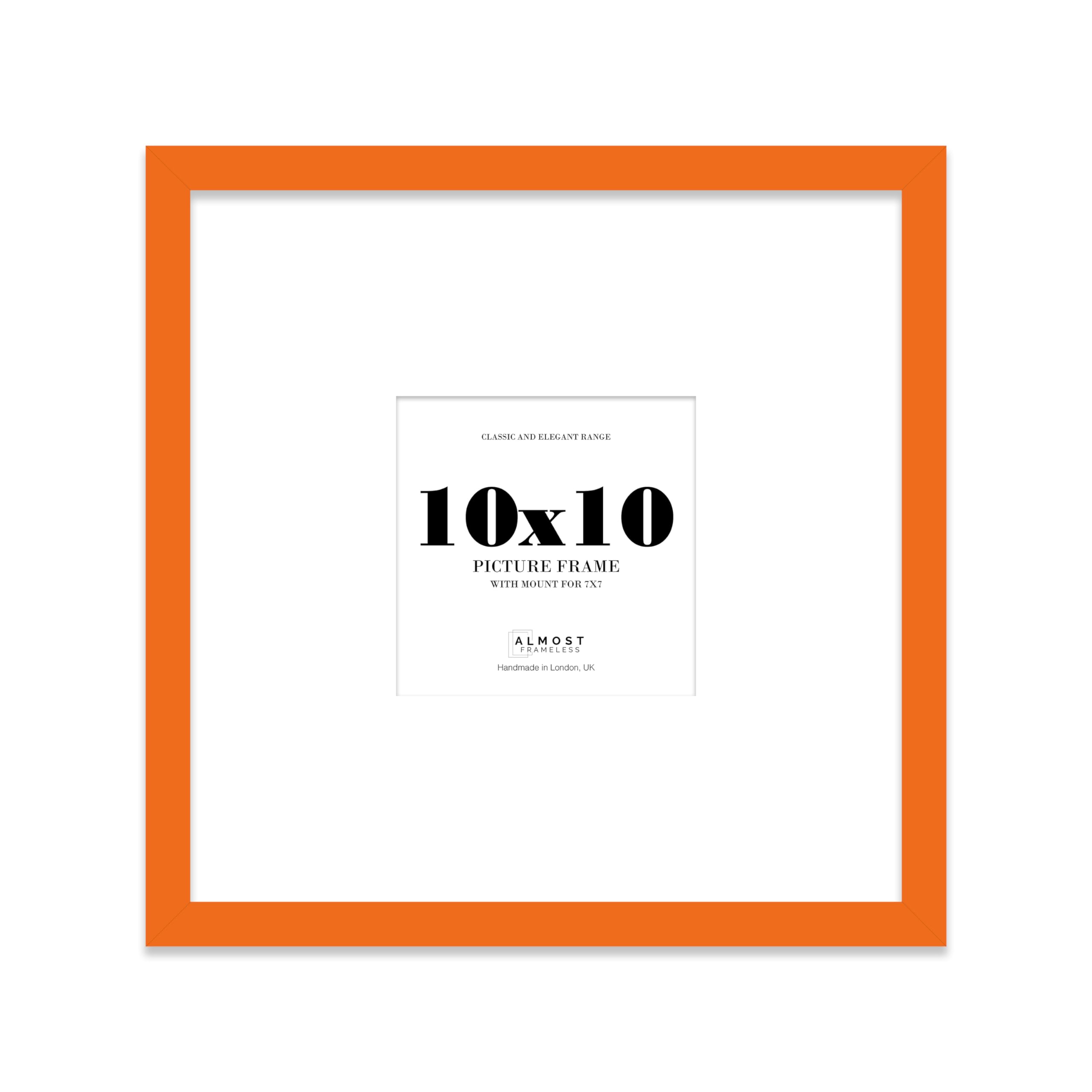 Almost Frameless 10x10 Square Picture Frame, Display Pictures 7x7 With Mat or 10x10 Without Mat, Wall Hanging & Free Standing Photo Frame, Orange, 1 Pack