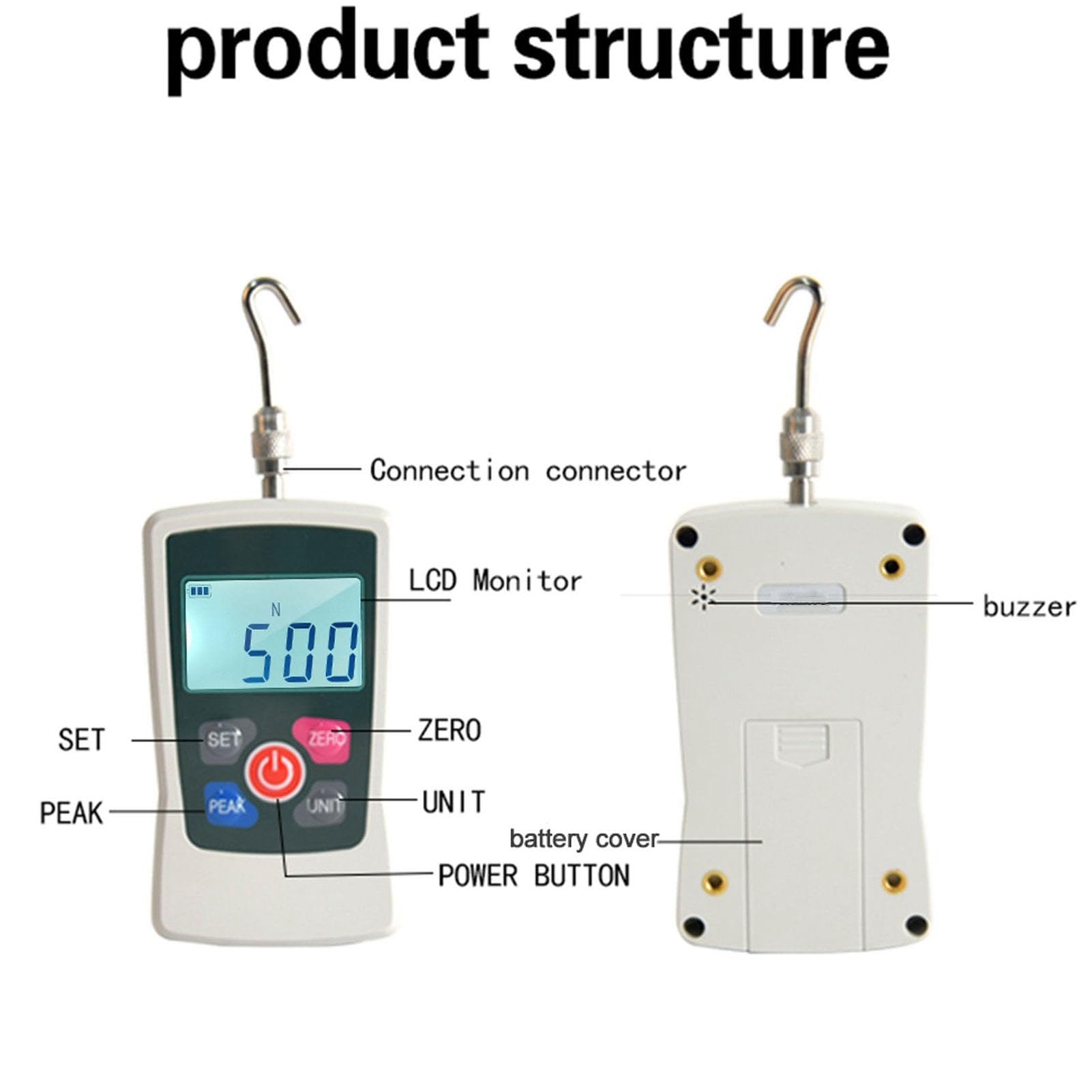 Dinamómetro Digital de Empuje y Tracción, Medidor de Fuerza 50N/5kg con Pantalla LCD, Función Pico, Conversión de Unidades, Alarma para Pruebas de Compresión y Tensión