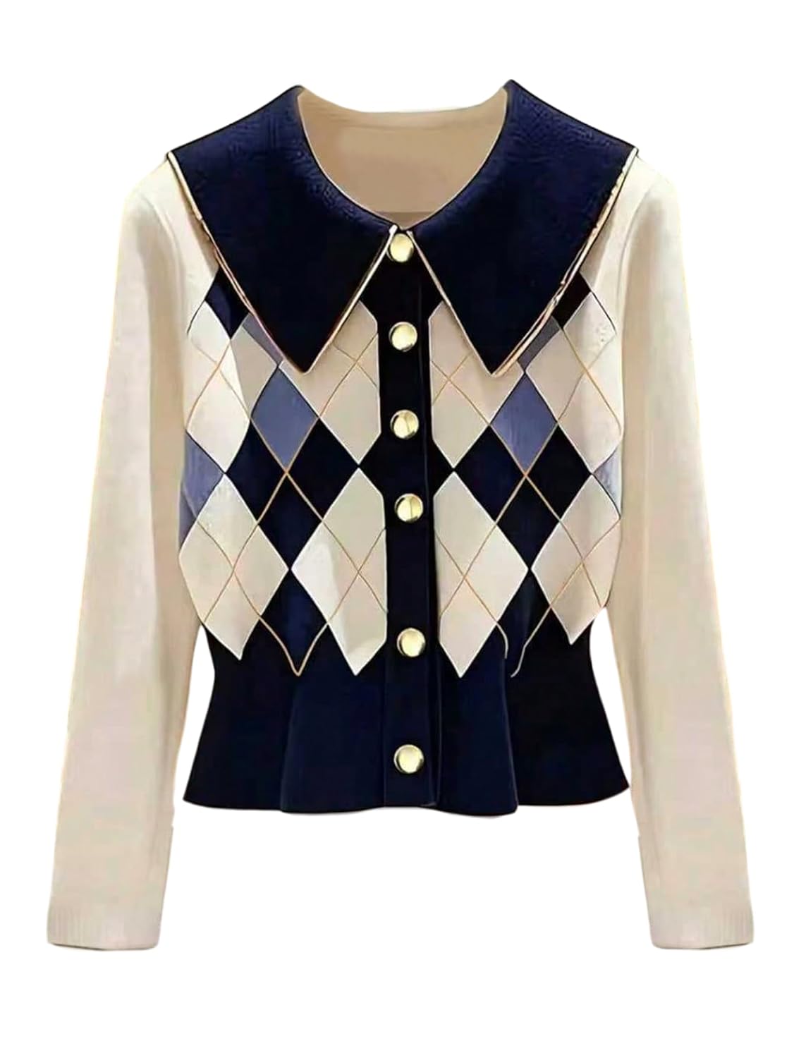 MakeMeChic Womens Argyle Plaid Cardigan Button Up Long Sleeve Collared Preppy Sweater
