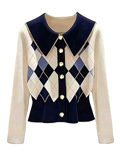 MakeMeChic Womens Argyle Plaid Cardigan Button Up Long Sleeve Collared Preppy Sweater