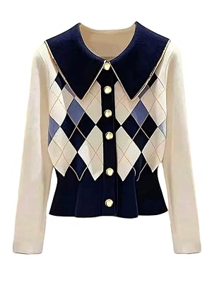 MakeMeChic Womens Argyle Plaid Cardigan Button Up Long Sleeve Collared Preppy Sweater