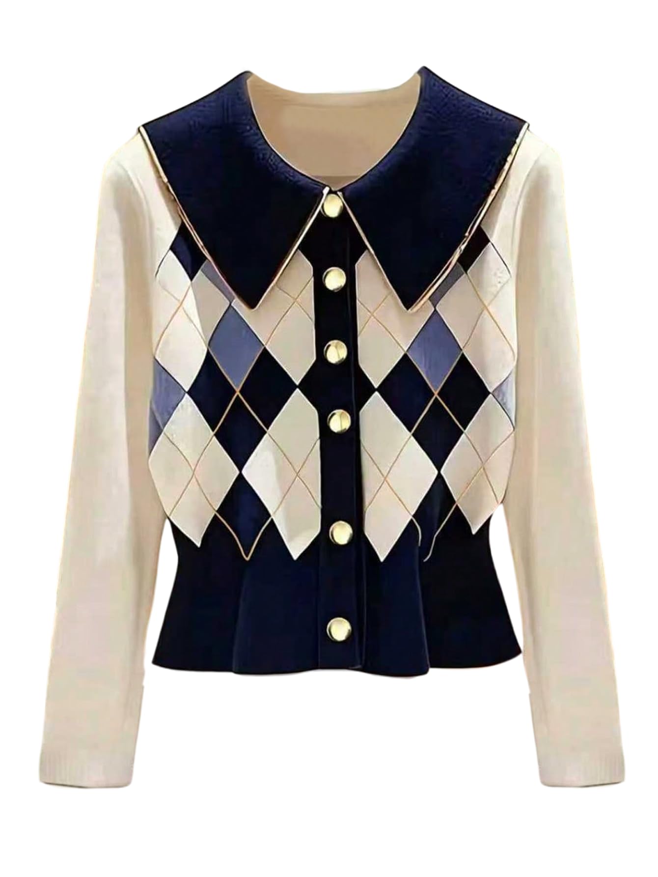 MakeMeChic Womens Argyle Plaid Cardigan Button Up Long Sleeve Collared Preppy Sweater