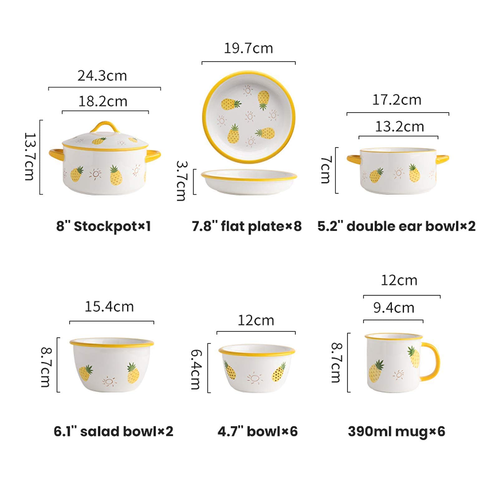 Juego de vajilla de Cocina, vajilla de cerámica, Juego de vajilla de Porcelana Serie Pineapple de 25 Piezas, Olla con Tapa, tazón para Cereales y Plato para Car(