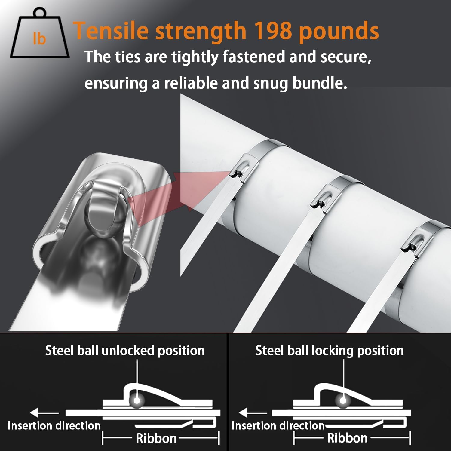 Metal Zip Ties 11.8 inch 100 pcs 304 stainless steel heavy-duty self-locking cable tie, suitable for machinery, automobiles,farms,fences, exhaust, Outdoor equipment and multi-purpose outdoor scene use