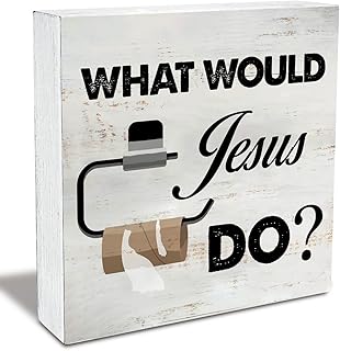 Bathroom Quote What Would Jesus Do Wood Box Sign Rustic Wooden Box Sign Farmhouse Bathroom Restroom Toilet Desk Shelf Decor (5 X 5 Inch)