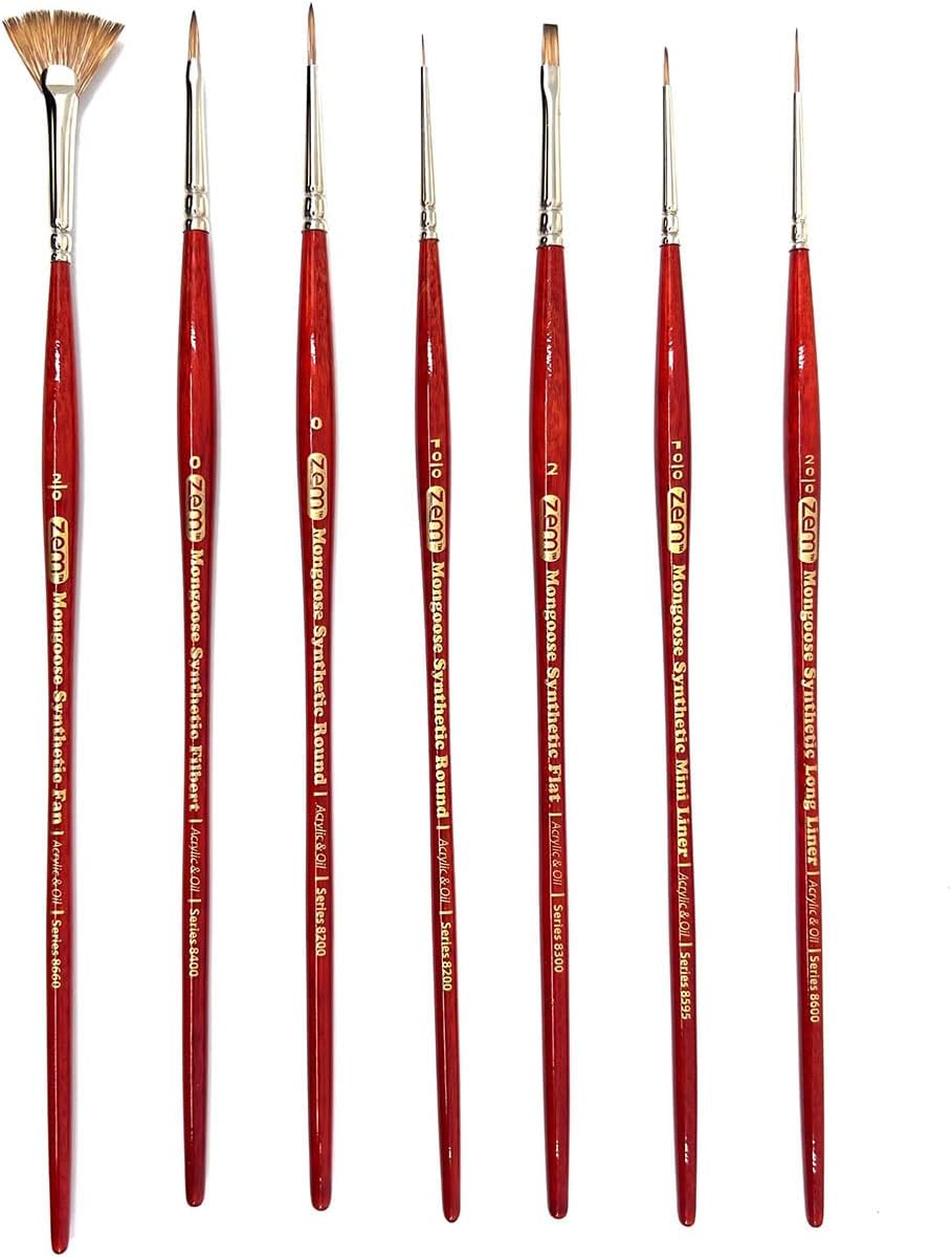 ZEM Brush Mongoose Synthetic Mini Detail Brush Set 7 pcs | Acrylic and Oil