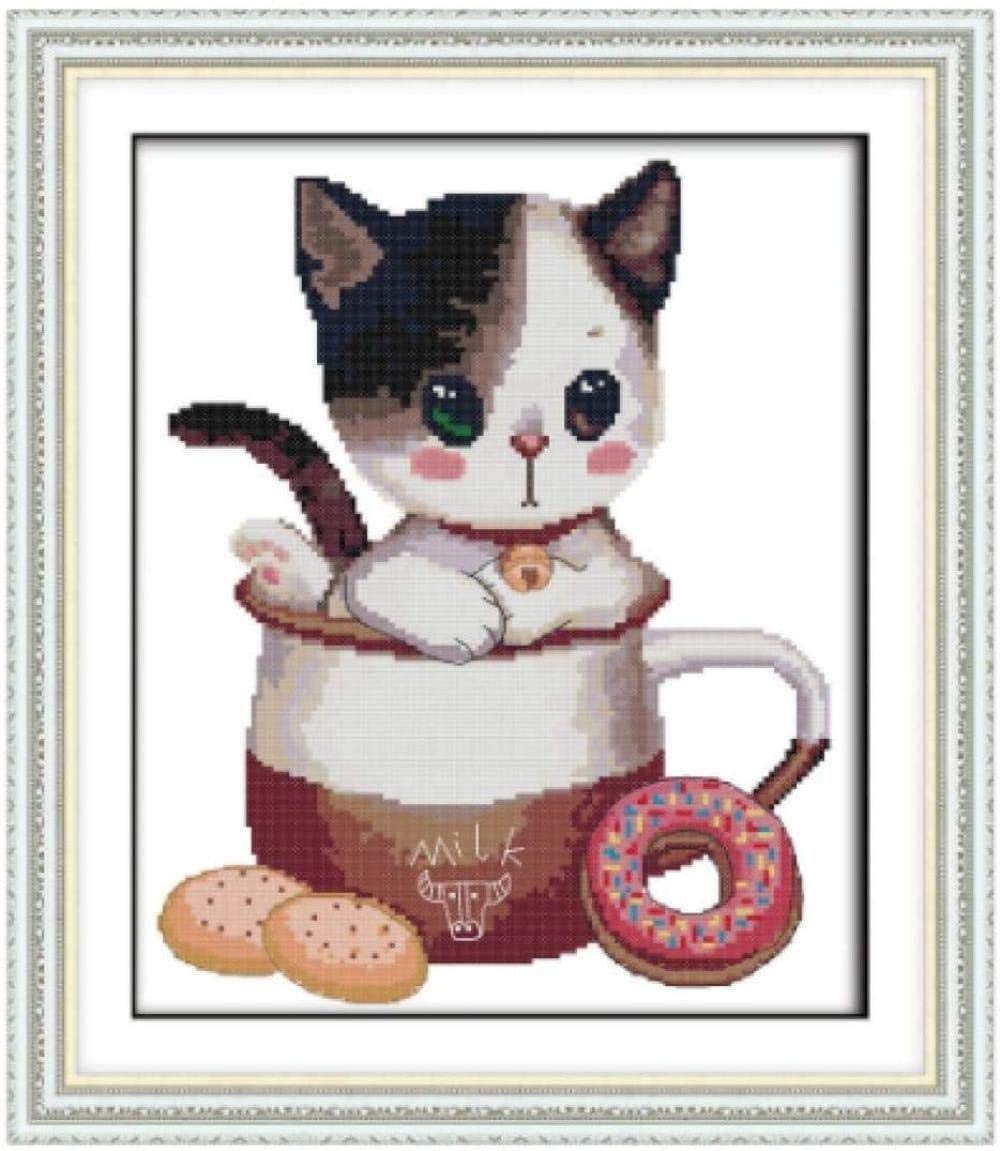 Cross Stitch kits for Beginner 11CT Stamped Cross Stitch Kitten in the Cup Pre-Printed Pattern Fabric Embroidery Needlepoint Crafts Needlework gifts-16x20 inch