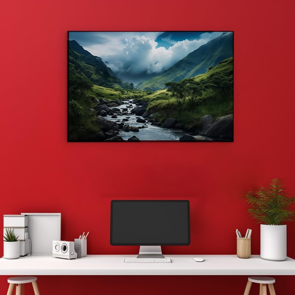 Canvas for Living room. River Serenity: Amidst the Green Mountains and Whispering Clouds, 27 x 18 inch Canvas Wall Art - Modern Home Decor - 69x46 cm (27x18 inch)