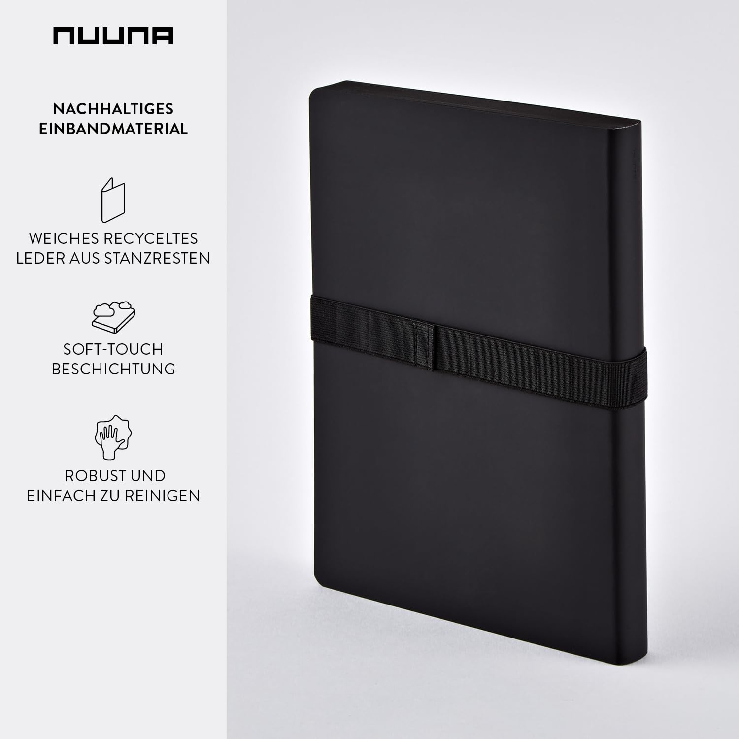 Nuuna Notizbuch A5+ | Voyager L - Schwarz | Dotted | 3,5mm Punktraster | 256 nummerierte Seiten | 120g Premium-Papier | Leder schwarz | mit Stift- und Smartphonehalterung | made in Germany