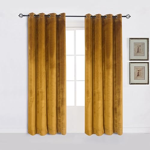 Super Soft Luxury Velvet Warm Yellow Blackout Velvet Energy Efficient Grommet Curtain Panel Drapes Ginger Mustard Curtain Panels 52Wx96L,2 Panels