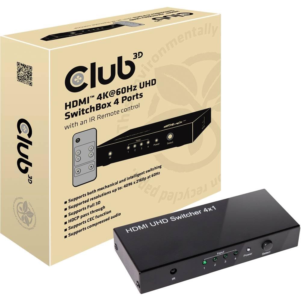 Club 3D CSV-1370 - Conmutador HDMI 2.0 UHD (4 puertos, 4 K, 60 Hz)