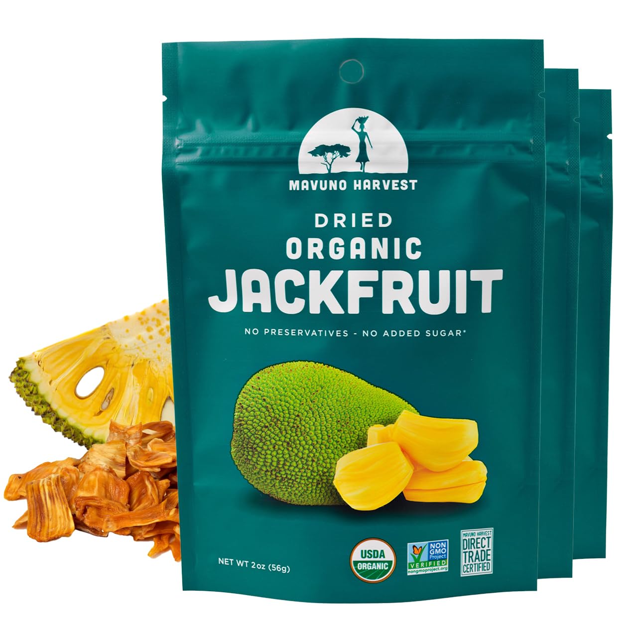 Mavuno Harvest Jackfruit Dried Fruit Snacks | Unsweetened Organic Dried Jackfruit Chips | Gluten Free Healthy Snacks for Kids and Adults | Vegan, Non GMO, Direct Trade | 2 Ounce, Pack of 3USDA Organic
