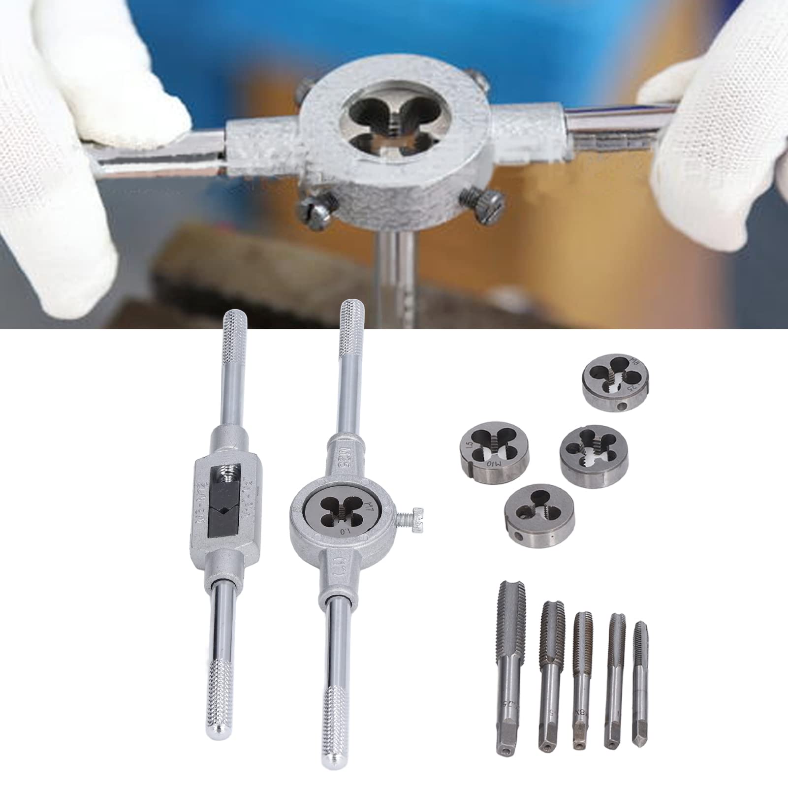 12 pezzi Kit di utensili per maschiatura manuale, chiave per trapano, chiave per filiera, kit di riparazione di filettature in acciaio rapido per cuscinetti, chiave fissa manuale, forniture industr