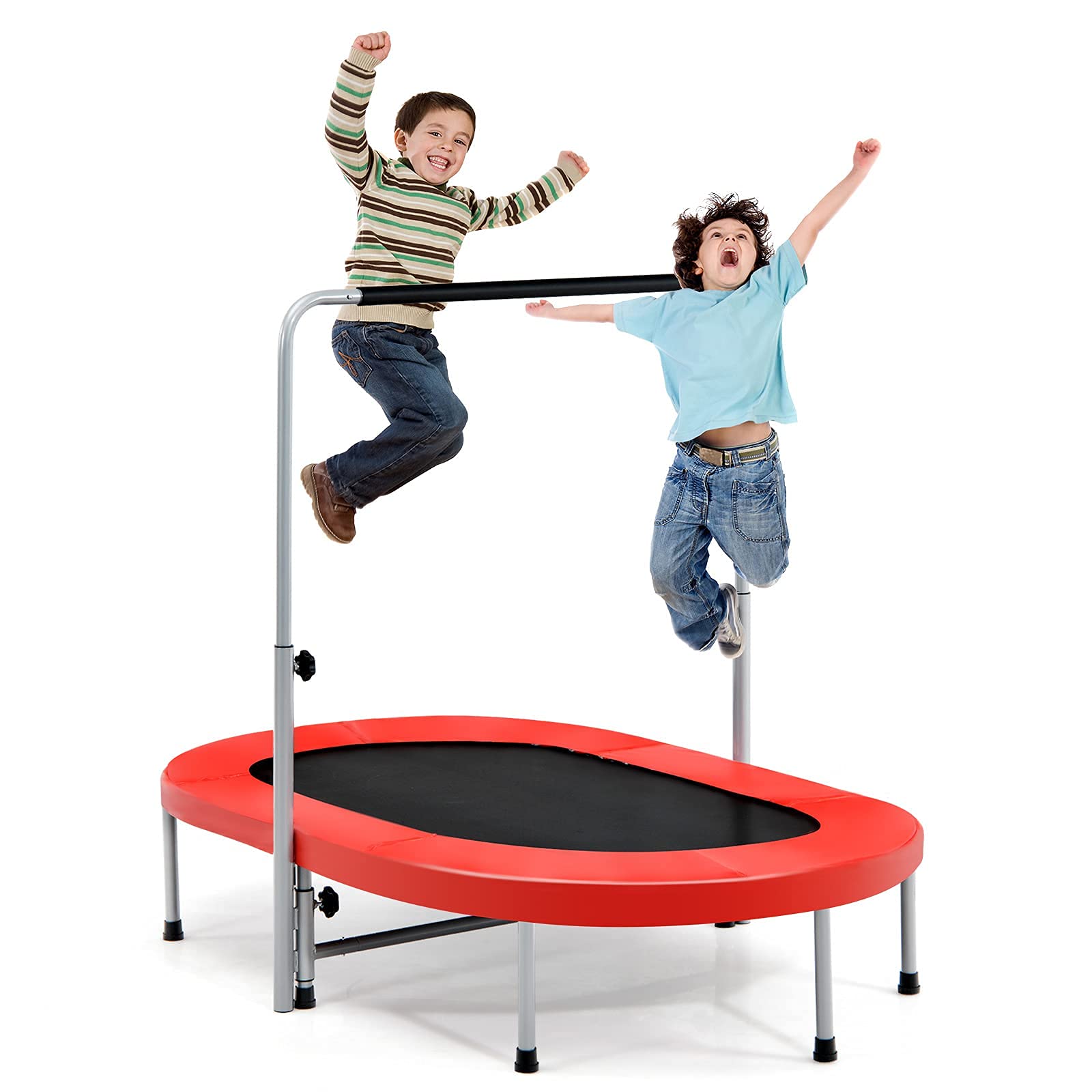 COSTWAY 2 Personen Trampolin, Mini Trampolin mit höhenverstellbarm Haltegriff, bis 150kg belastbar, Kindertrampolin klappbar, Gartentrampolin für Kinder, Erwachsene