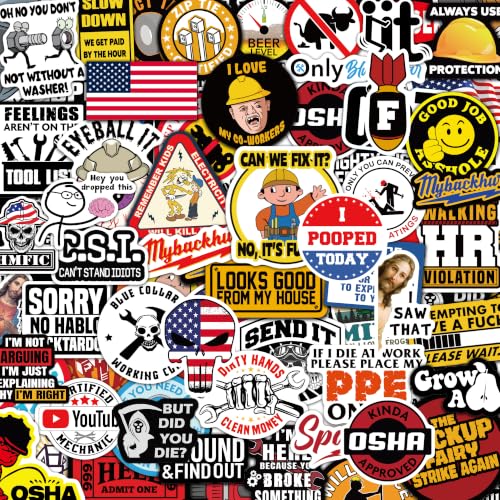 Image of 112PCS Funny Hard Hat Stickers for Adults - Waterproof Vinyl for Welding Helmet, Tool Box, Electrician, Mechanic Tools - Blue Collar Gifts for Men, Mechanic, Co-Workers