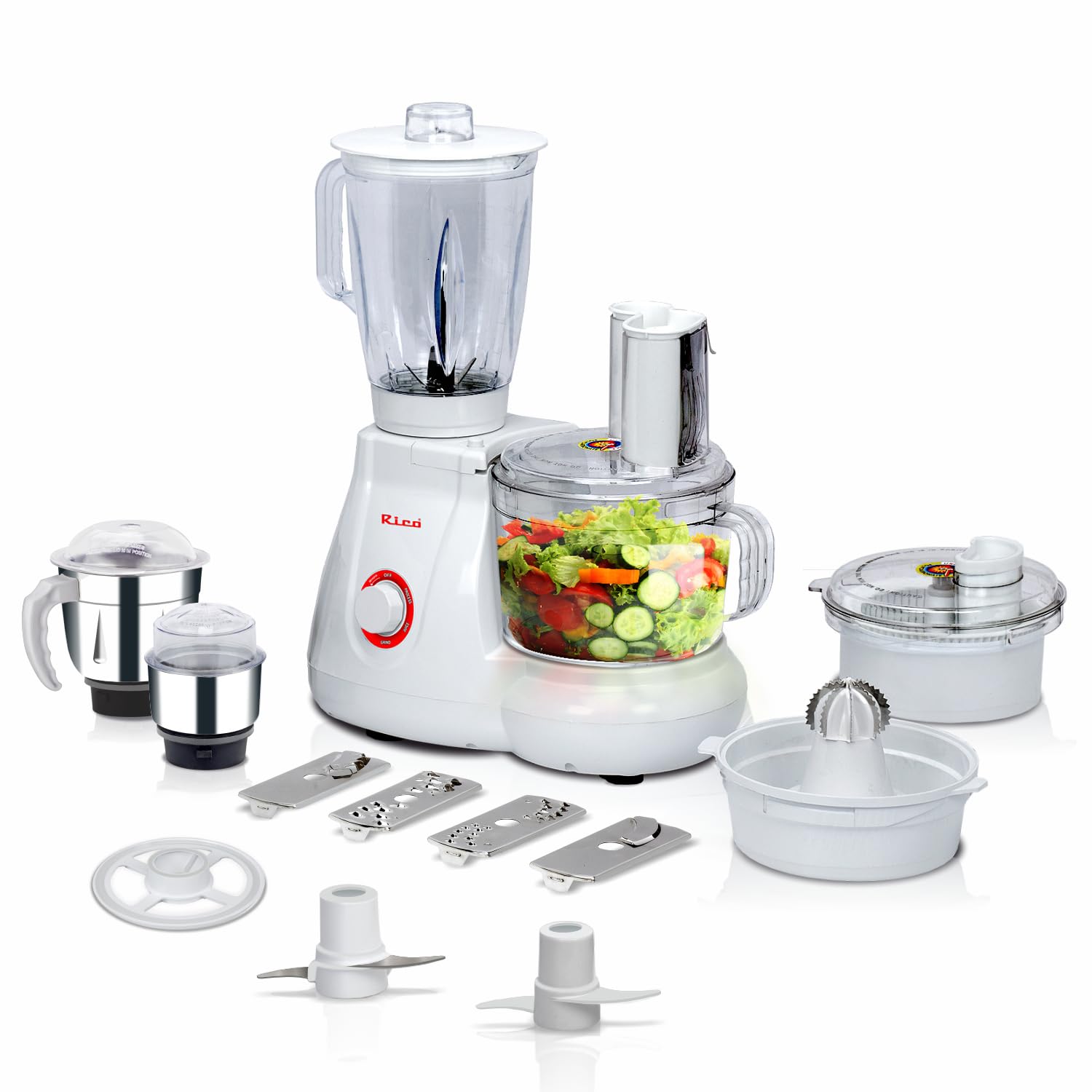 Rico Heavyduty 700W Mixer Grinder Food Processor for Kitchen | Coconut Scraper, Citrus Juicer, Blender Jar, Grinding Masala, Chutney Jar etc. | 2 Years Warranty | Rico FP1806 White