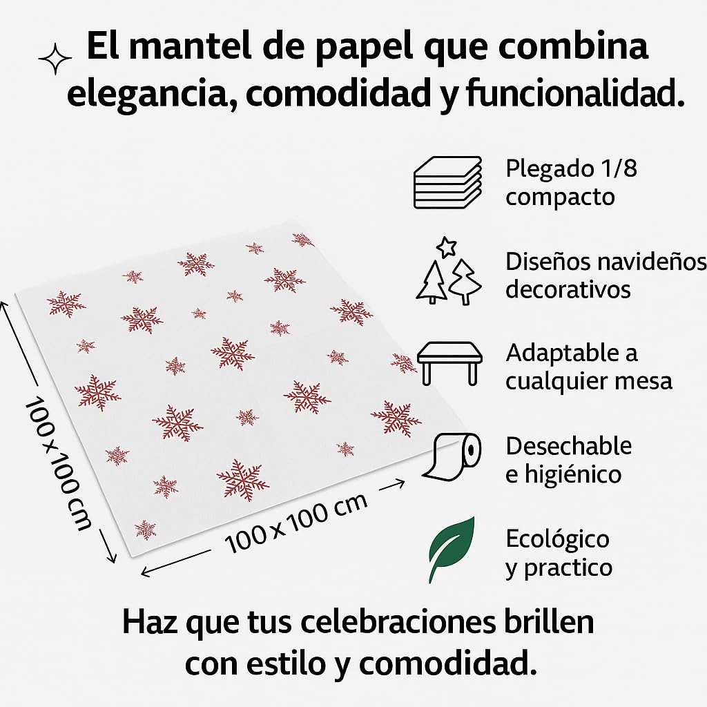 Mantel de Papel Navidad 100x100 cm Plegado 1/8 | Diseño Estrellas Rojas | Paquete 50 uds - 250 uds | Desechable, Decorativo y Compacto | Ideal Hostelería, Fiestas y Eventos. (250, copos rojos)