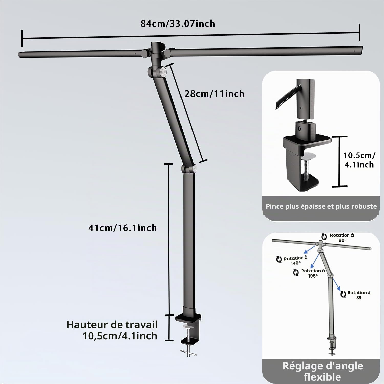Lampe bureau LED 24W 84cm Double Bras Pince pour Ecran luminosité réglable | lampe bureau puissante Éclairage ultra-large, 5 Luminosité, 5 Températures de Couleur, bras flexible pour gamer/bureau/screen