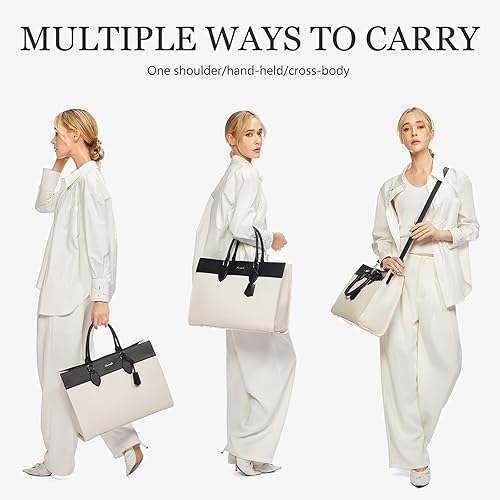 Miniatura 7 de LOVEVOOK Bolsa para laptop para mujer, bolsa de trabajo para laptop de 15.6 pulgadas, maletín grande de cuero impermeable para oficina, beige y negro