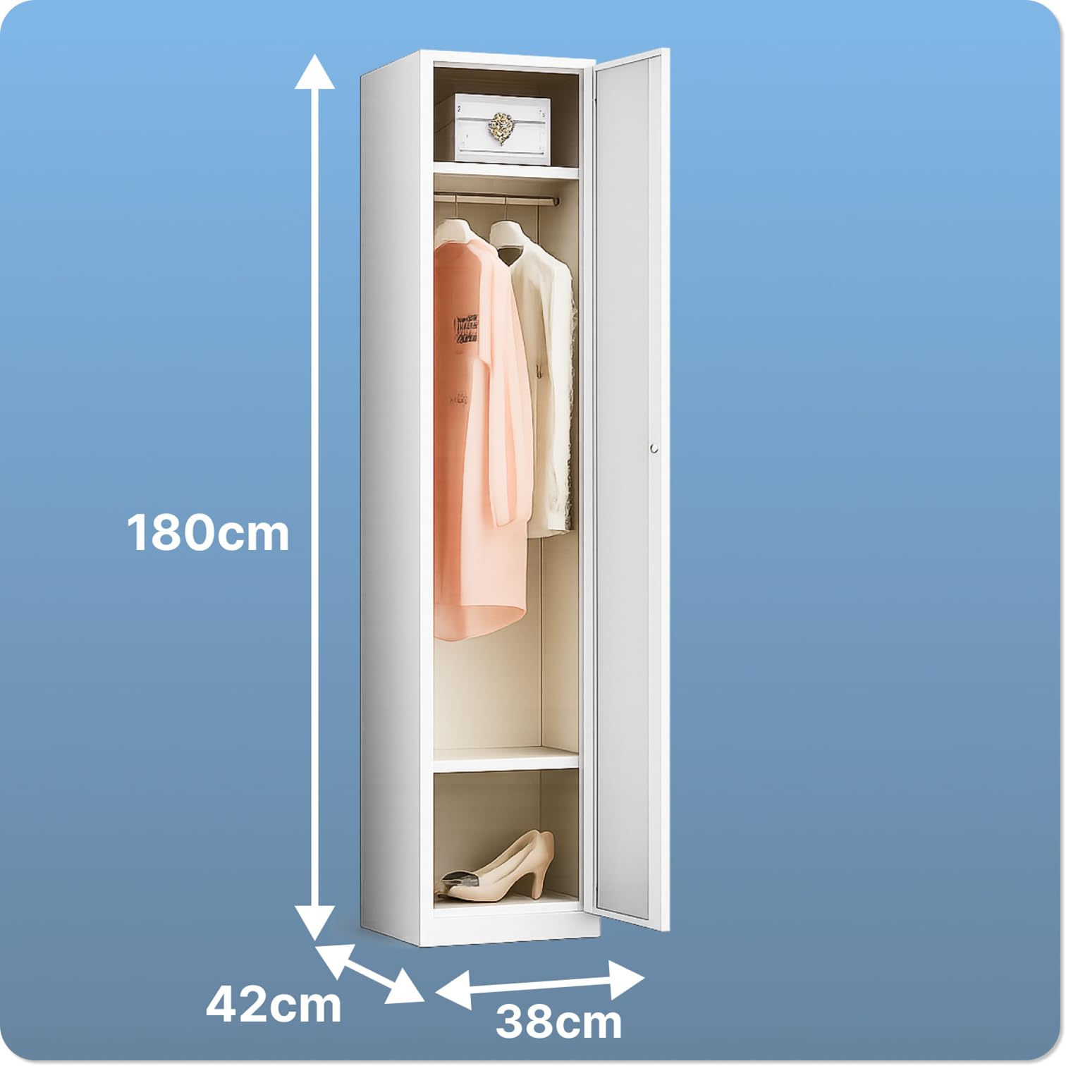 Garderobenschrank abschließbar [180 x 38 x 42 cm] – schmaler Kleiderschrank aus Metall mit 1 Tür, Schloss, Kleiderstange & Ablagen – Spind für Büro, Flur & Schlafzimmer (Grau)