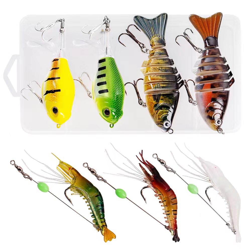 Metforg 7-Piece Topwater Lure Set, Multi-Section Lure and Floating Pencil Lure, catch bigger fish in saltwater with slow sinking bionic swimming lure, realistic swimming action, premium soft shrimp lu
