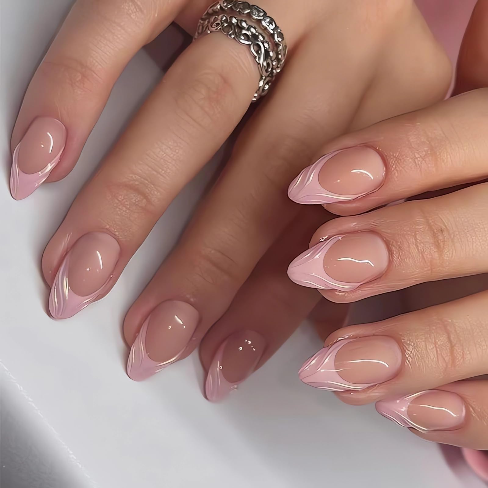 French Tip Press on Nails Almond Shape Fake Nails 3D French Tips Designs False Nails Press ons Medium Length Glossy Pink French Stick on Nails Cute