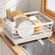 HAKKU Dish Rack for Kitchen Counter – Compact Drainer with Removable Utensil Holder, Drain Tray & Anti-Rust Coating (White Rack Single Layer)