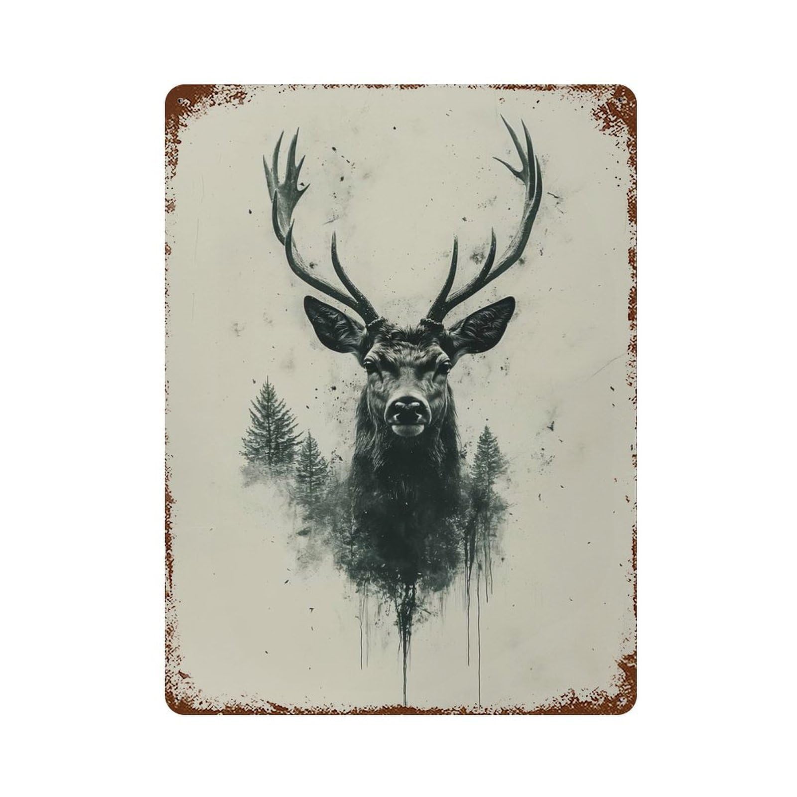 Vintage Metal Tin Sign Deer Portrait with Forest Integration 15.7"x11.8", Classic Wall Plaque for Pub, Kitchen And Man Cave Decor