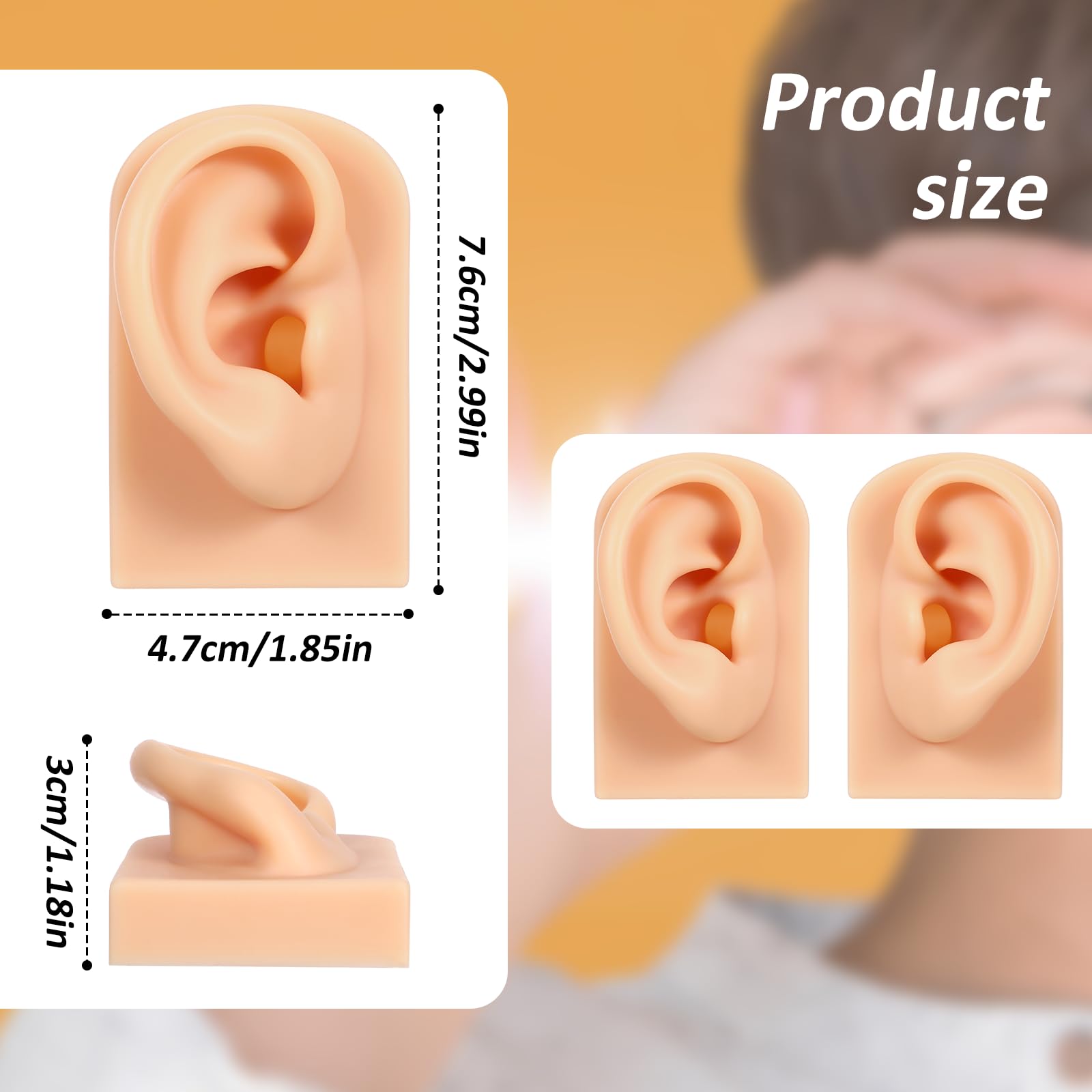 2 Pcs Silicone Ear Model, Left and Right Flexible Fake Ear, Reused Soft Mold Fake Ear, Fake Ear Piercing Practice Silicone Body Parts Realistic, Realistic Ear Mold for Jewelry Display, Skin Color