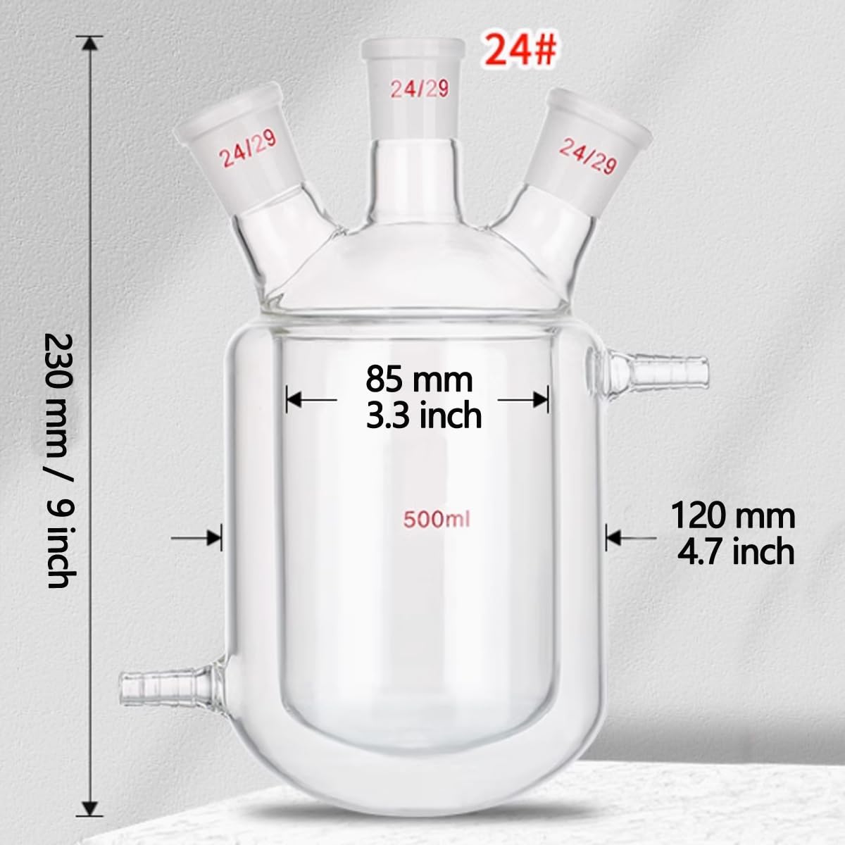 Reactor de chaqueta de laboratorio, botella de reacción de fondo redondo de doble capa 3 cuellos, conectores de vidrio esmerilado 24/29 500 ML