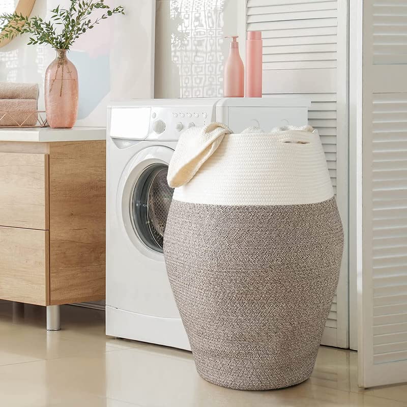 Image of GRATIFY Tall Laundry Hamper | Woven Jute Rope Dirty Clothes Hamper Modern Hamper Basket Large in Laundry Room, (Mix White 18x 16 Inch)