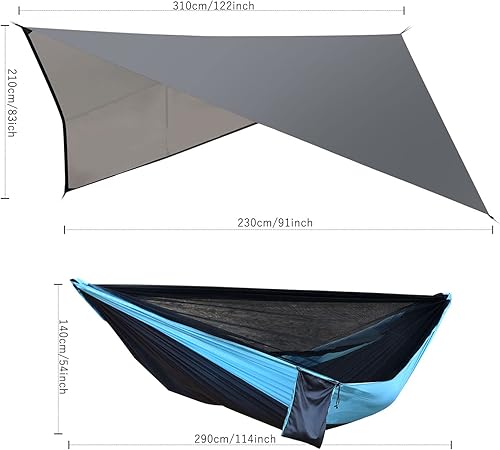 Miniatura 5 de FIRINER Hamaca de camping con mosquitera, mosca de lluvia, correa de árbol resistente, paracaídas de nailon, hamaca doble, tienda de campaña
