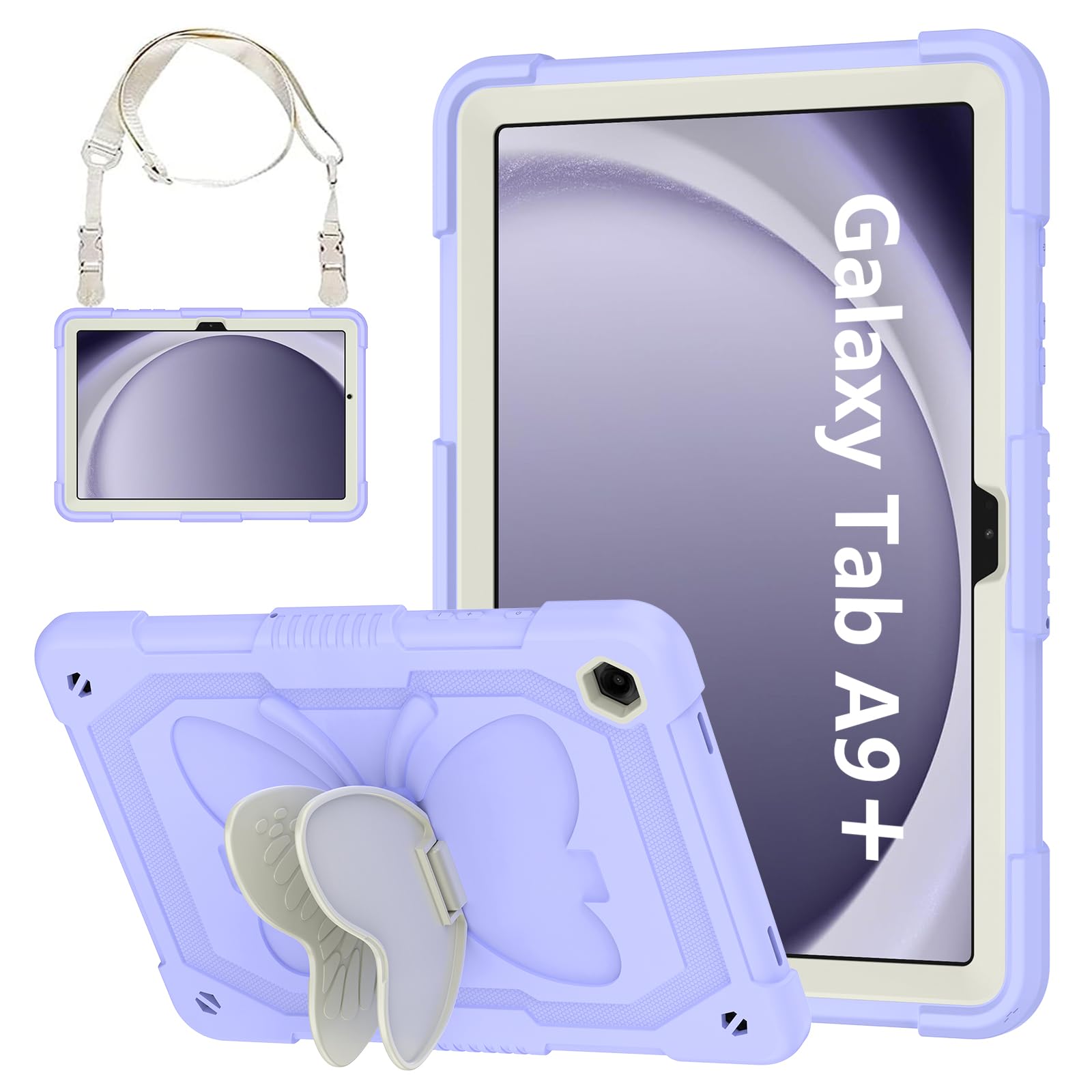 Cover for Samsung Galaxy Tab A9+ Plus Case for Kids Girl, Galaxy Tab A9+ 11 inch 2023 Released with Butterfly Stand Shoulder Strap Shockproof Full Body Protective, Purple