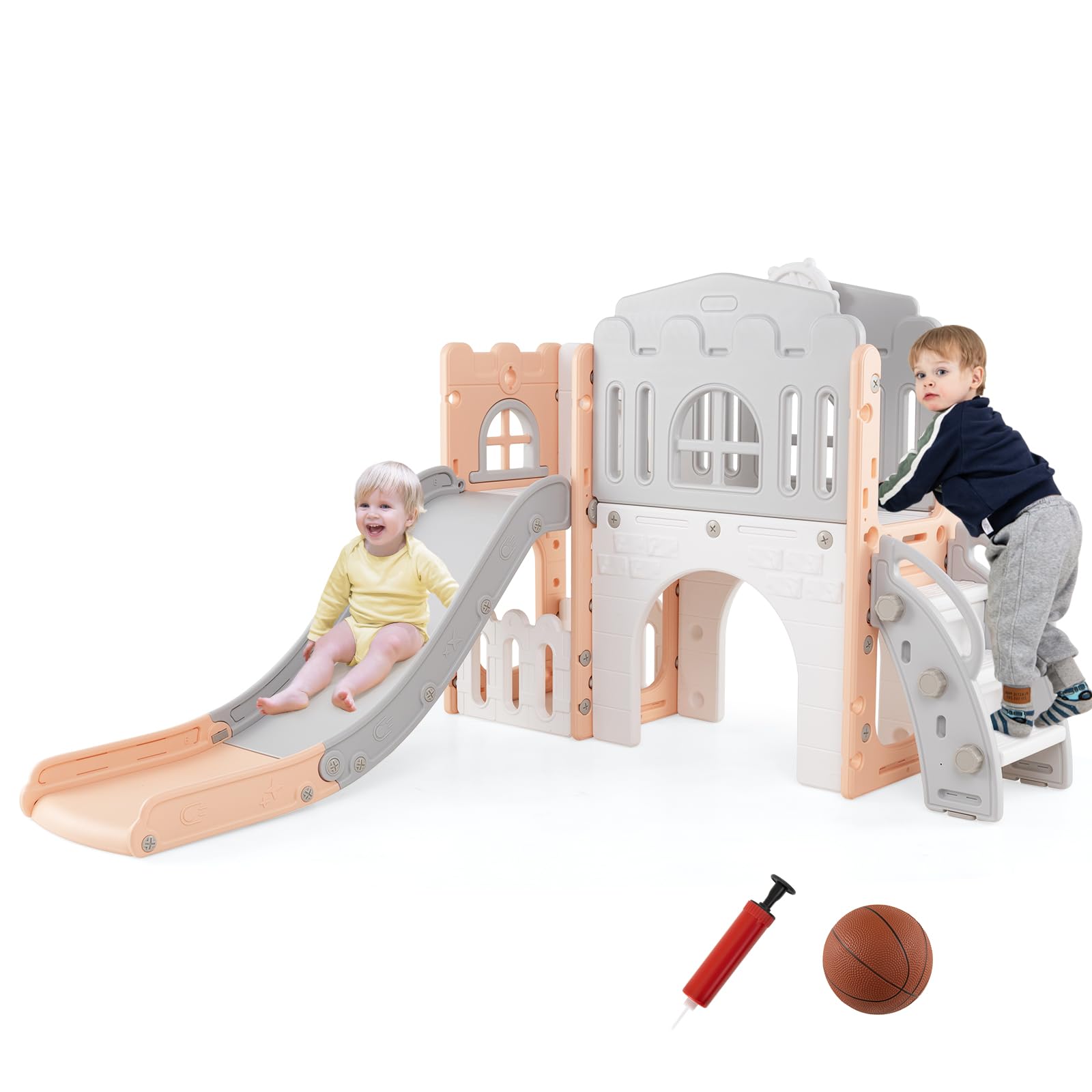COSTWAY Scivolo per Bambini 9 in 1, Set da Gioco con Canestro da Basket, Telescopio, Volante, Corridoio, Tunnel e Spazio di Archiviazione, Scivolo da Interno ed Esterno per 1+ Anni (Rosa+Grigio)