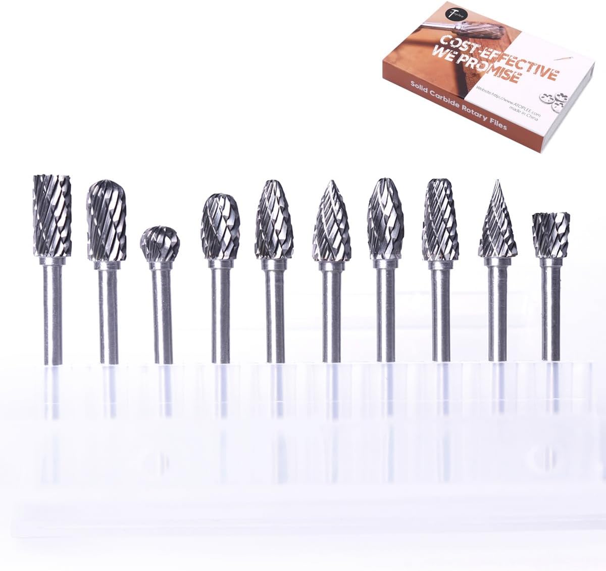 ATOPLEECarbide Burr Set,10pcs 1/8" Shank, 1/4" Head Length Tungsten Steel Double Cut Rotary Burr Set,Rotary Tool for Woodworking,Drilling, Metal Carving, Engraving, Polishing