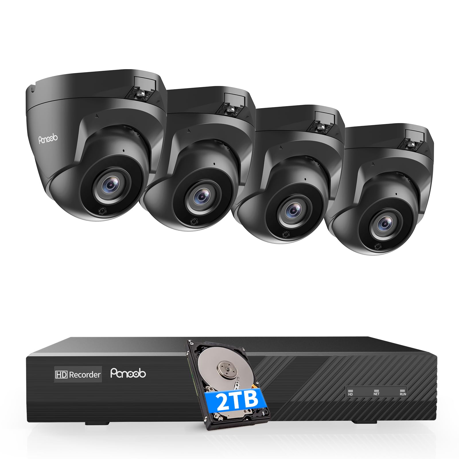 PANOOB Home Security Camera System, 4K 8 Channel NVR 2TB HDD, 4PCS 5MP Wired IP Dome Turret PoE Cameras Outdoor with Person Detection, Built-in Mic, Remote Playback, 24/7 Recording, PD94BA30408-5M
