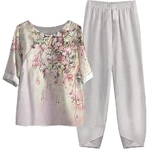 2-Piece Lounge Set for Women Summer Outfits Cotton Linen Shirt Blouse with Half Sleeves and Wide Leg Trousers Casual Vintage Printed Elegant Tunic Top Comfortable Loungewear Sets 2024
