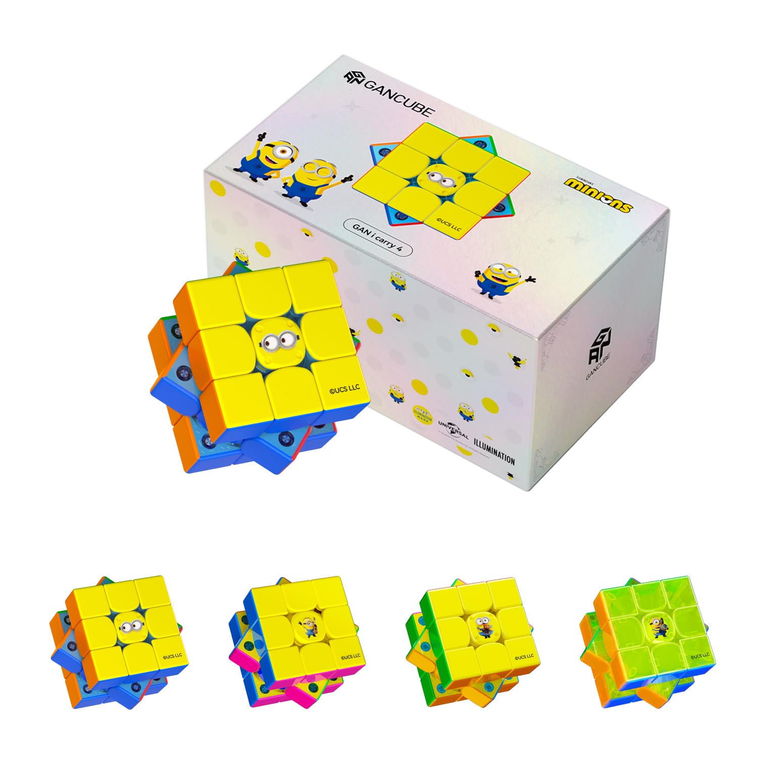 GAN Minions Série Speed Cube, Cube 3x3 Magnétique avec Design Jaune Banane, Cube de Vitesse à Jouer et Collectionner, Idée Cadeau pour Enfants, Adultes(i Carry 4 Édition Minions)