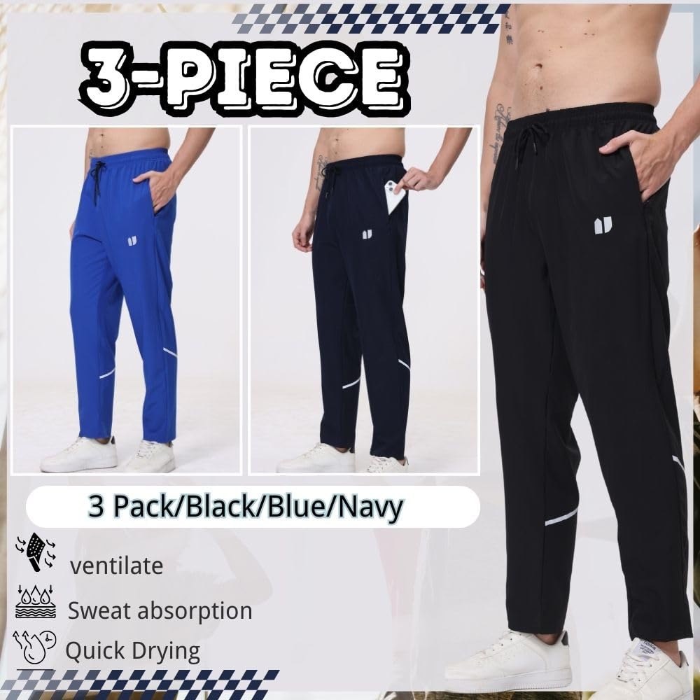 Hpbygstae Pantaloni sportivi da uomo, tasche elasticizzate con cerniera, per jogging e corsa, confezione da 3