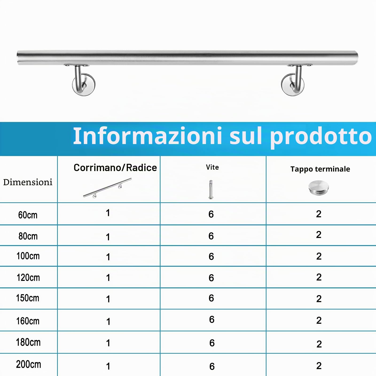 YRHome Corrimano in Acciaio Inox, 60 cm, Ringhiera per Scale, Ø 40 mm, da Parete, in Acciaio Inox Spazzolato, per Balcone, Seno, Scale Interne ed Esterne