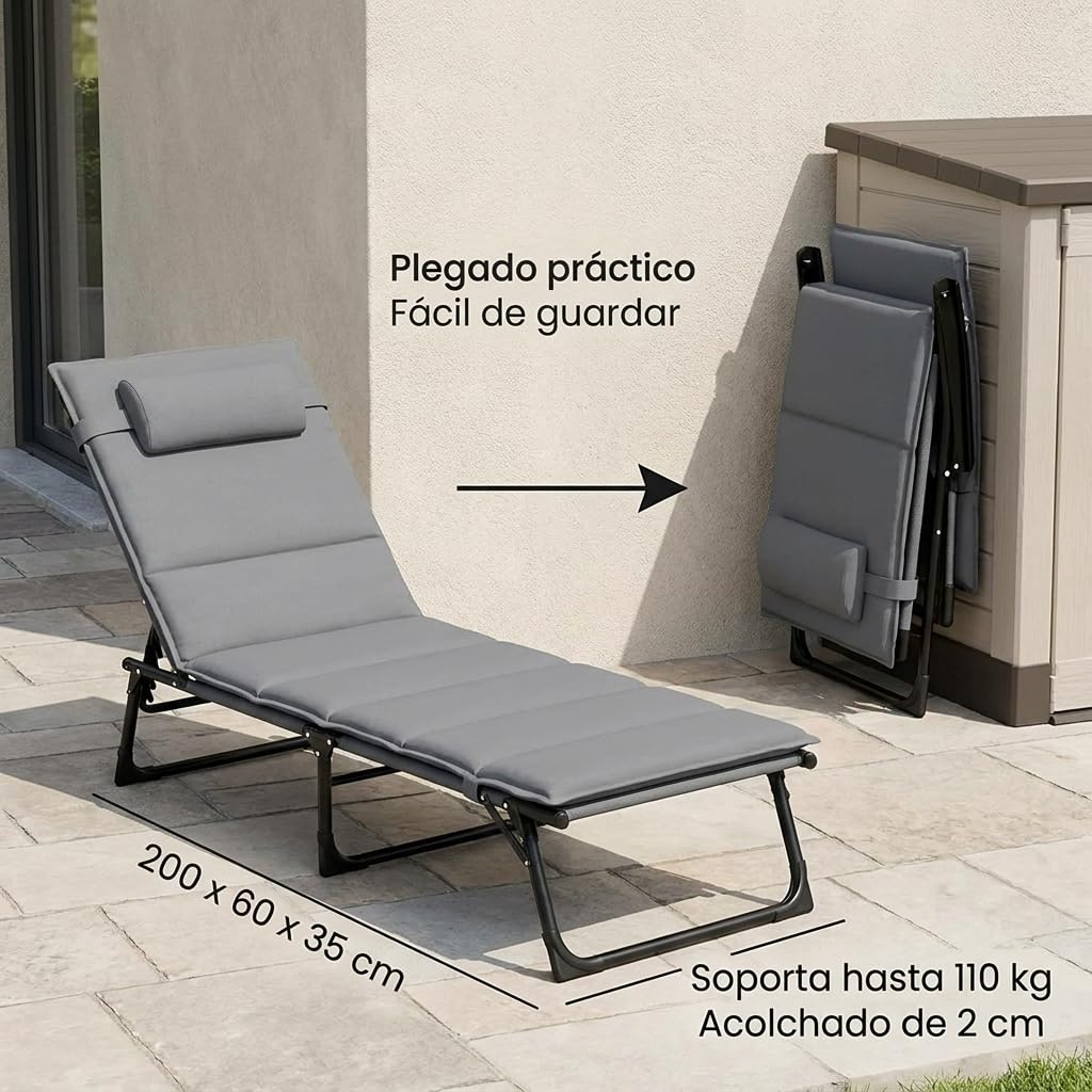 Pincho Tumbonas Jardin Exterior Hamaca Jardin, Chaise Longue Exterior, Tumbona Plegable Acolchada con Cojin Cervical, Hamaca Reclinable - 3 Posiciones, Estructura Metalica