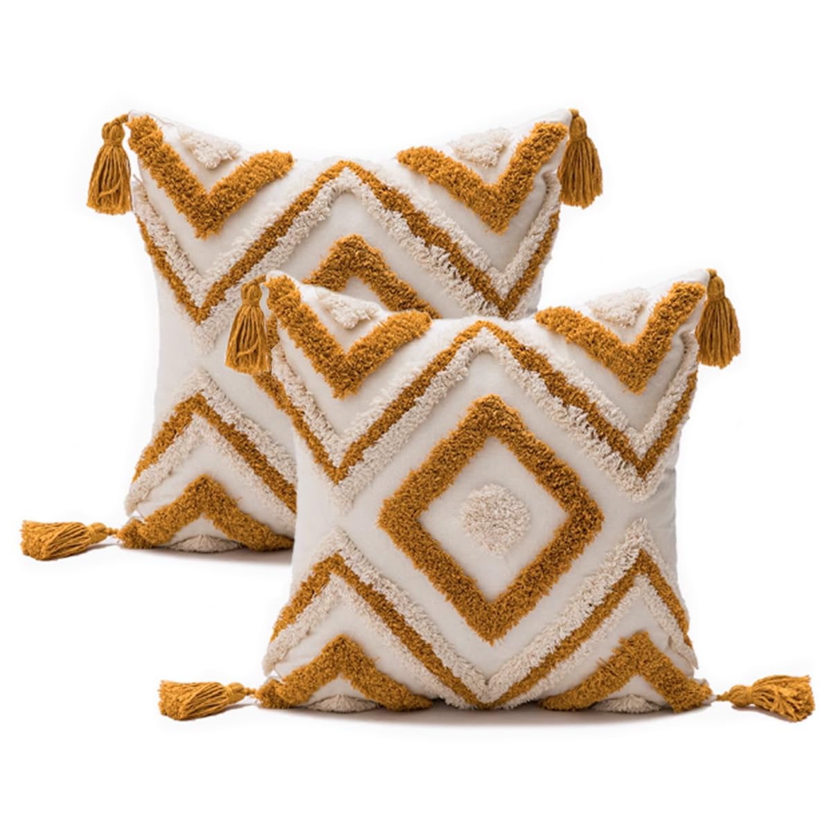 Andreannie Confezione da 2 federe per cuscino ricamate in stile bohémien, con nappe, morbide, decorative per la casa, per divano, 45,7 x 45,7 cm (giallo)